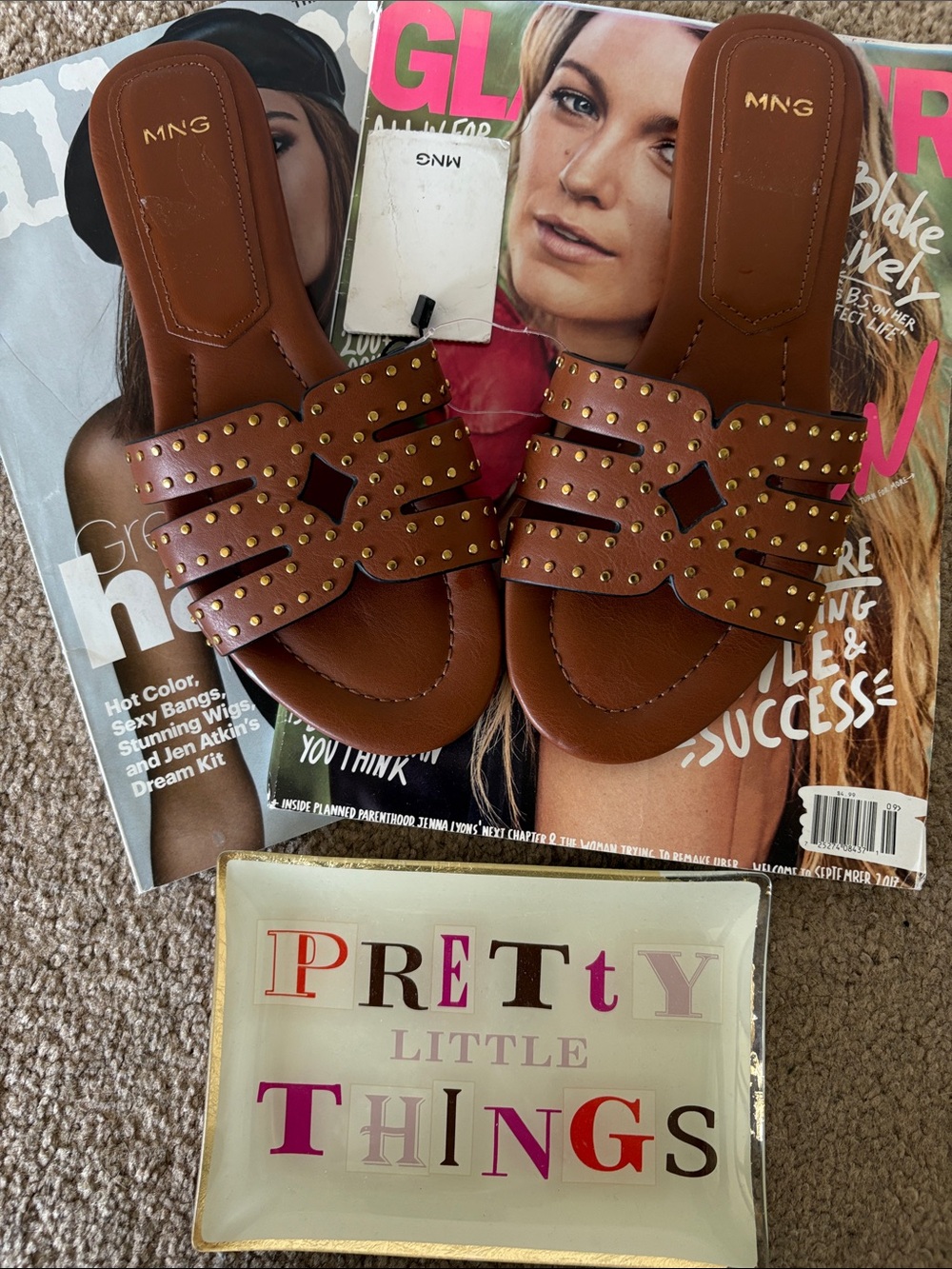 Mango MNG brown, gold  studded sandals, size 36, US 6; NWT